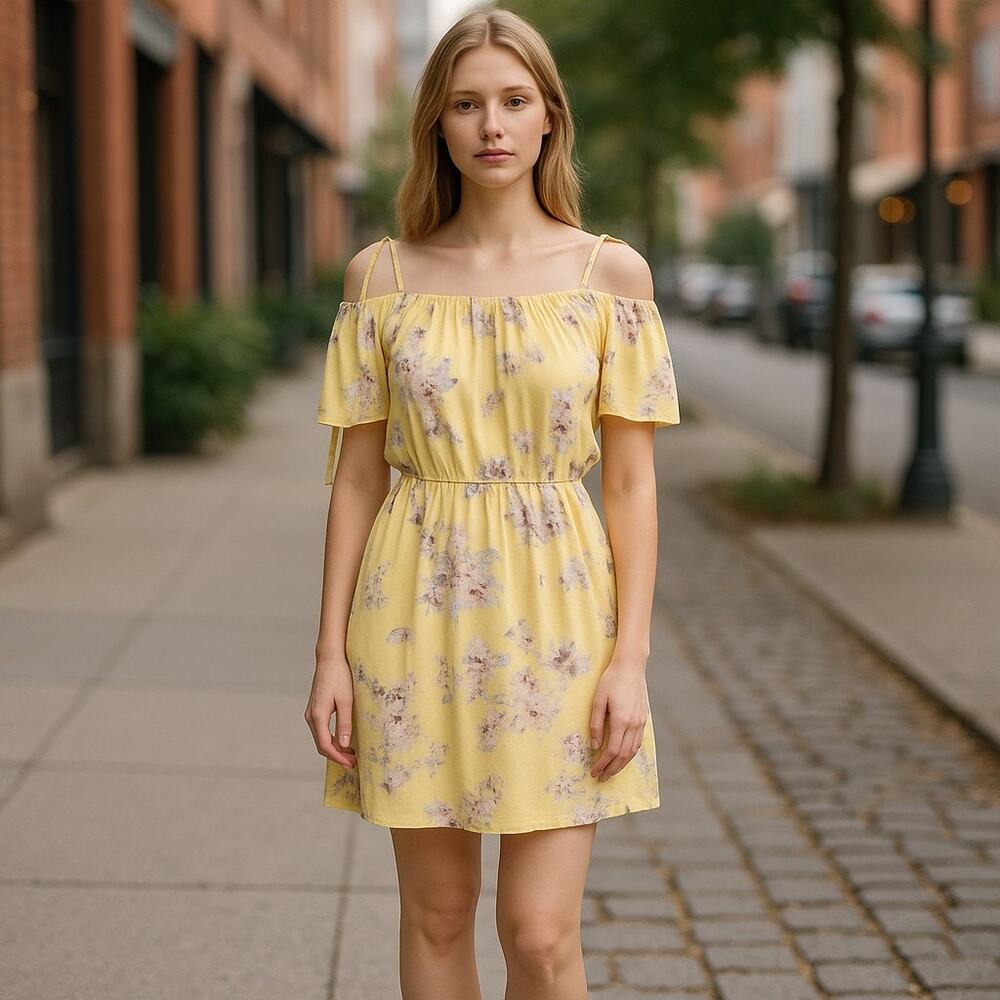 Jesse & J Womens Dress‎ Size Large Yellow Floral Off Shoulder Short Juniors